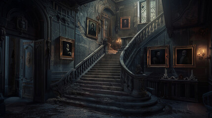 A mysterious, dimly lit staircase in a gothic mansion, with portraits of ancestors hanging on the walls.