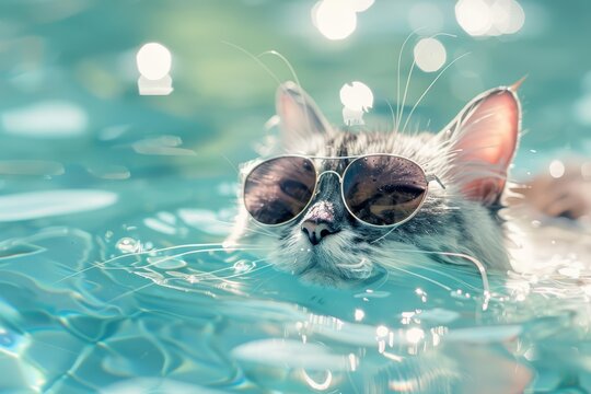 Funny animal in sunglasses swimming in a sparkling pool reflects a playful summer vibe, sharpen banner template with copy space on center