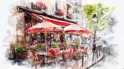 hand-painted watercolor illustration of a classic Parisian café scene during spring 