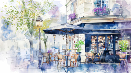 hand-painted watercolor illustration of a classic Parisian café scene during spring 
