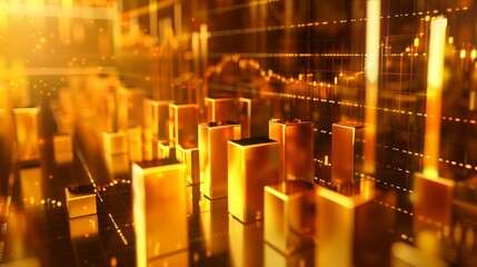 Golden bars stack against a backdrop of financial graphs