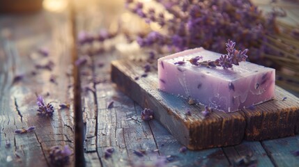 handcrafted lavender soap displayed on rustic wooden table, early morning market light, empty space...