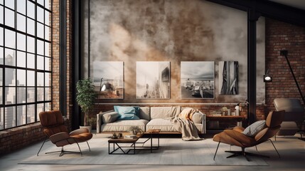This mock up poster features a vintage hipster loft interior with a 3D render.