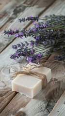 handcrafted lavender soap displayed on rustic wooden table, early morning market light, empty space for text 
