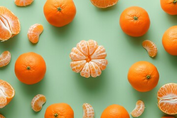 Scattered Mandarin Oranges and Segments on Soft Green Background
