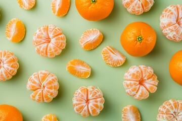 Fresh Mandarin Oranges Arranged on Pastel Green Background