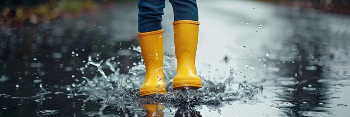 kid joyfully splashes in a puddle wearing bright yellow rain boots, rainy day fun , empty space for text 