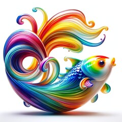A stunning blown glass sculpture of a playful, Koi fish with seamlessly blended rainbow colors swirling, white background