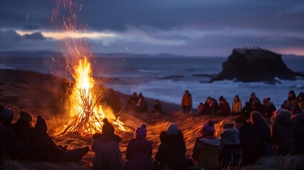 large bonfire casts warm glow on faces during Nordic Walpurgis celebration, cliff edge 