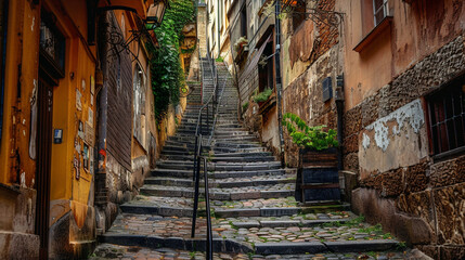 A steep, narrow staircase in an old European city, with cobblestone streets and historic buildings surrounding it. - Powered by Adobe