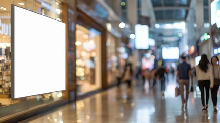 Inside a bustling blur shopping mall, a creative white blank mockup stands out amidst the hustle, white blank poster billboard Sharpen with large copy space