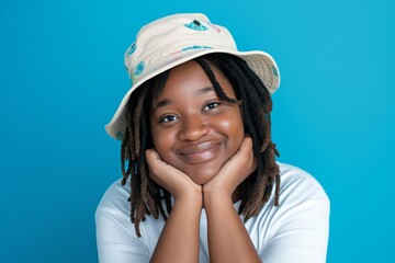 Naklejka premium Smiling Young Black Girl with Bucket Hat on Blue Background