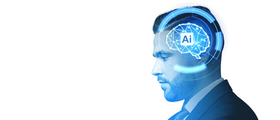 Businessman portrait and AI brain, digital connection and network. Copy space