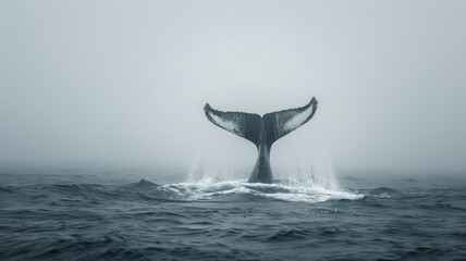Majestic whale tail emerging from misty waters