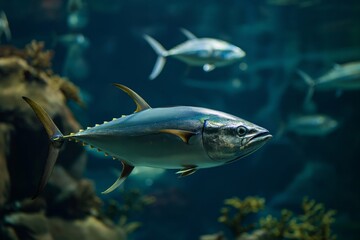 Naklejka premium Majestic Tuna Swimming in Deep Ocean Aquarium