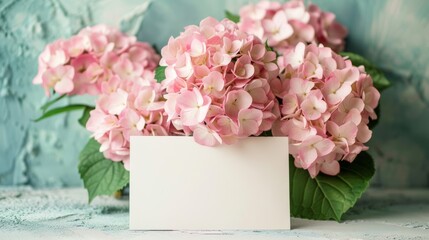 mockup with empty card of Mother’s Day card beside pink hydrangea bouquet, soft pastel tones 