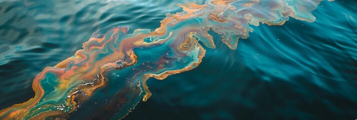 Obraz premium oil spill on ocean surface, rainbow sheen, environmental disaster 