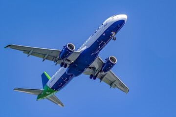 Commercial Airplane Ascending in Clear Blue Sky