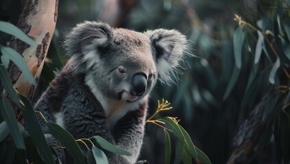 Fototapeta premium Majestic Koala Clinging to Eucalyptus Branch