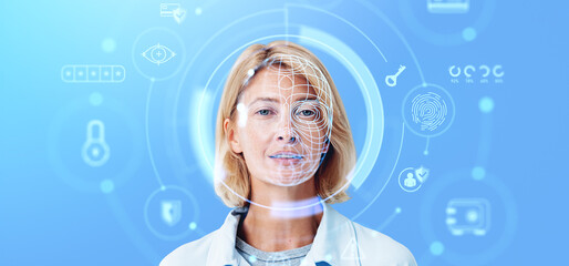 Young woman and biometric scanning, digital hologram and encrypted data