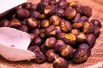 Roasted chestnuts at a market in Osaka, Japan.