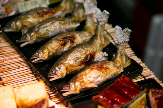 Ayu sweet fish in a market stall in Nishiki fish market in Kyoto, Japan.