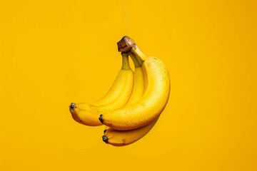 pirfect yellow bananas hanging from a hook isolated on a yellow gradient background 
