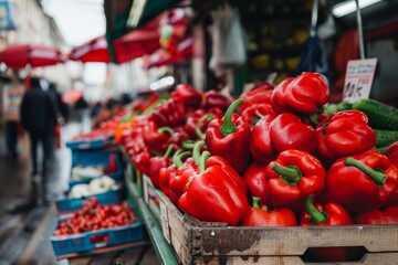 red bell peppers on a market stall, vibrant against a busy urban setting 