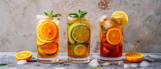 Refreshing summer drinks like lemonade and iced tea served in tall glasses, decorated with citrus slices, with solid background and copy space on center for advertise