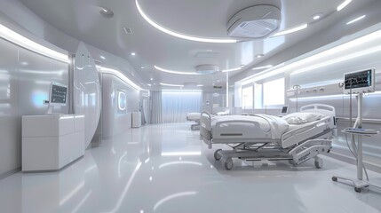 The 3D architecture of a futuristic hospital boasts sleek, modern design elements merging health with innovation, Interior 3d render Sharpen highdetail realistic concept