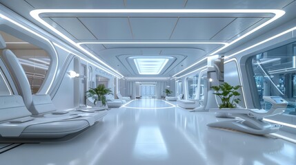 The 3D architecture of a futuristic hospital boasts sleek, modern design elements merging health with innovation, Interior 3d render Sharpen highdetail realistic concept
