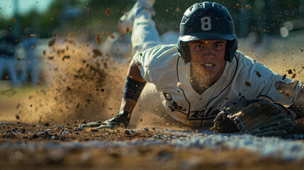 A baseball player making a dramatic slide into home plate