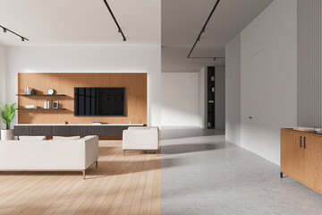 Home living room interior with sofa, armchair and corridor with door