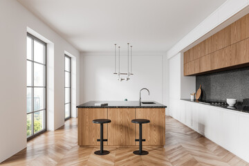 Cozy home kitchen interior with bar island, cooking cabinet and window