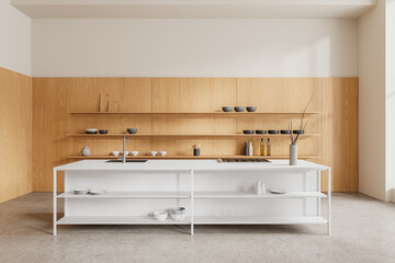 Elegant home kitchen interior with counter, sink and kitchenware on shelf