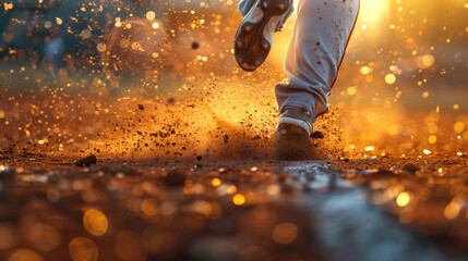 A baseball player running the bases, dust kicking up behind them - Powered by Adobe
