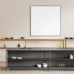 Beige home kitchen interior with cooking space and kitchenware. Mockup frame