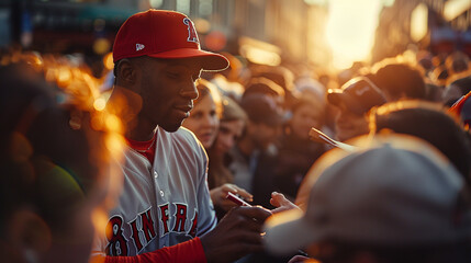 A baseball player signing autographs for a crowd of adoring fans