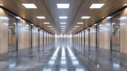 Bright commercial hall with blond wood ceiling panels and a reflective gray oak flooring.