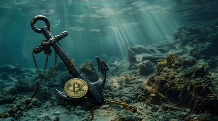 anchor resting on the ocean floor, its weight counterbalanced by a shiny coin, lost treasures waiting to be discovered by adventurous divers