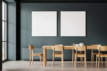 Stylish living room interior with eating table and chairs. Mockup frames
