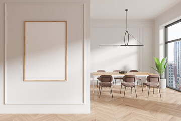 A framed blank poster on a wall in a modern dining room interior with large windows, light background, concept of mockup. 3D Rendering