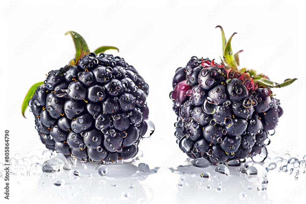 Sticker two juicy blackberries with water droplets, isolated on a white background