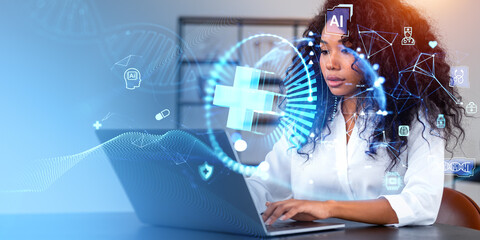 Black woman typing on laptop, glowing medical icons with AI technologies