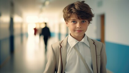 A young boy in a school uniform standing in a hallway. Generative AI.