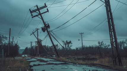 Fototapeta na wymiar toppled power lines after a severe storm, overcast sky 