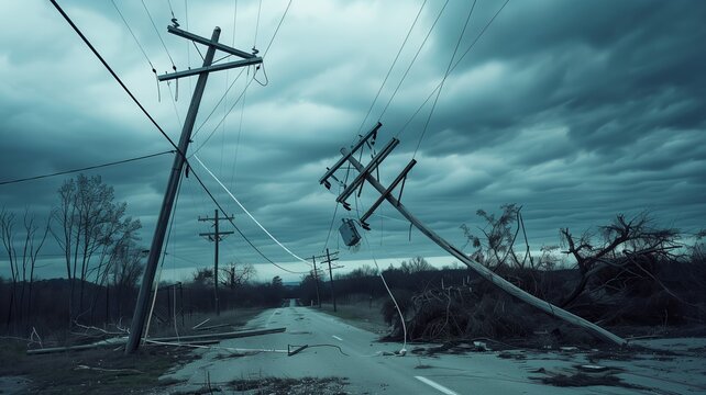 toppled power lines after a severe storm, overcast sky 