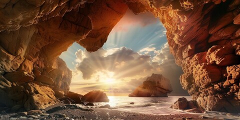Sunlight Shining Through Cave on Beach - Powered by Adobe