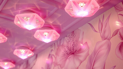 A chic boutique with a ceiling featuring diamond-shaped pink lights, offering a soft, inviting glow against a background of elegant floral graphics in soft lavender and ivory.