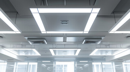 Office ceiling with concealed air ducts and uniform square lighting.